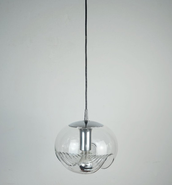Image 1 of elegant peill & putzler mid century PENDANT LAMP 'wave' clear glass chrome 1960s organic shape