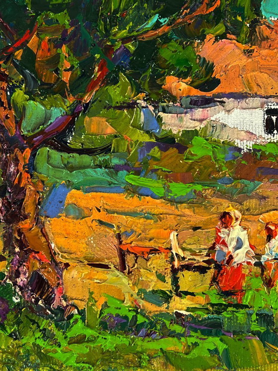 Image 1 of Peinture à l'huile originale représentant un paysage de campagne, un jardin et une maison en vacances d'été à la campagne