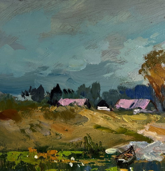 Image 1 of Original Oil Painting Summer River Landscape Crossing to the other bank