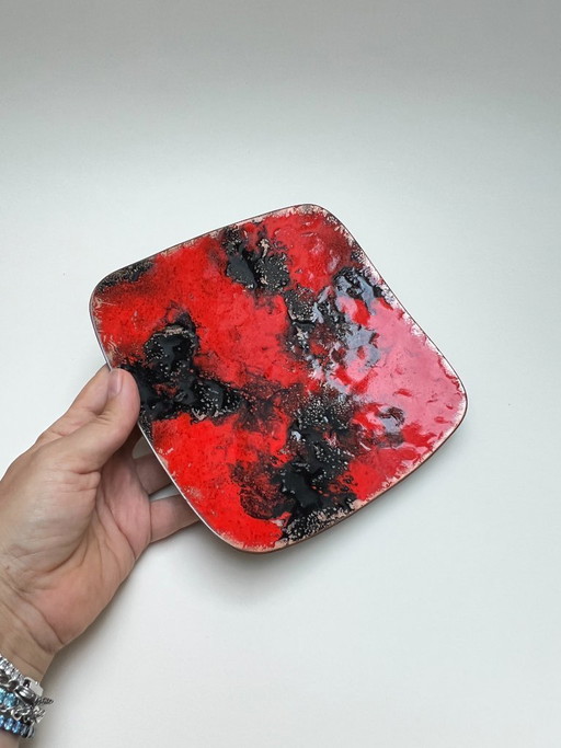Bol vintage Fat Lava en cuivre émaillé, rouge et noir, de forme carrée
