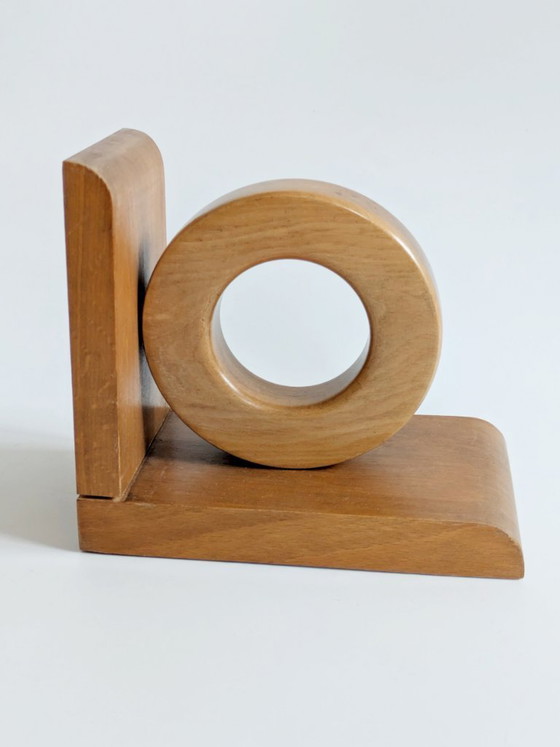 Image 1 of Midcentury Wooden Bookends Pair, Bauhaus Art Deco Style Hoop Design, Sculptural Shelf Decor