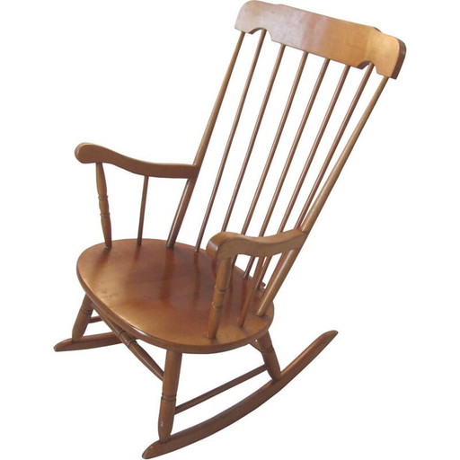 Sedia a dondolo vintage, tutta in legno, Cecoslovacchia 1960