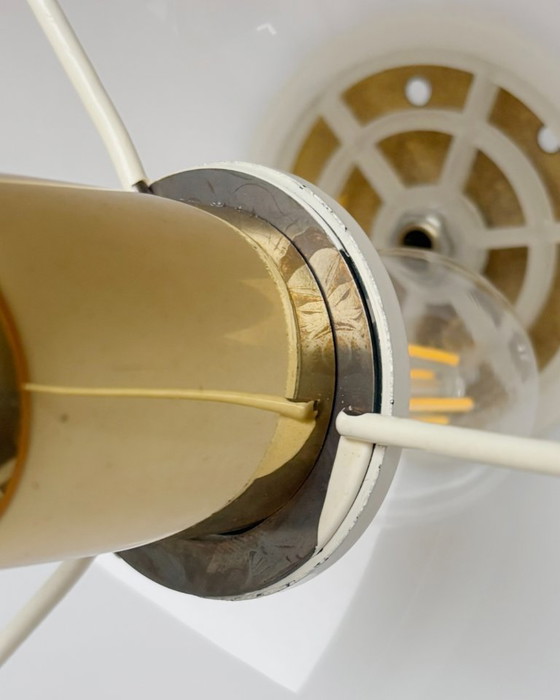 Image 1 of Applique murale vintage Steinhauer en forme de champignon classique, avec détails en bois et abat-jour en plastique blanc.