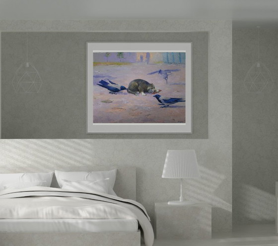 Original Oil Painting Animals Cat Birds Raven Strategy – Paintings & Drawings, Canvas (photo 2 of 8)