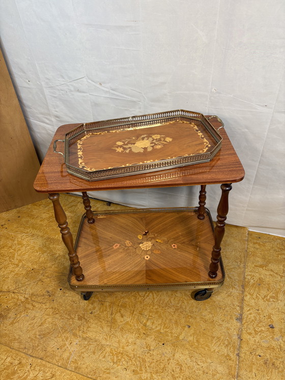 Image 1 of Vintage Italian Inlaid Wood Serving Trolley with Removable Tray Mid-20th Century  A wonderfully elegant piece of mid-century Ita