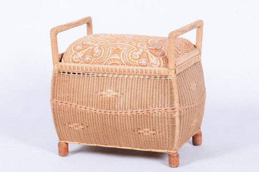 Original Art Deco Stool, Wood, Hemp, Well-Preserved Condition, Czech, 1940s