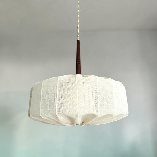 Japandi style wrapped fabric and teak wood hanging lamp shade, Sweden 1950s-60s