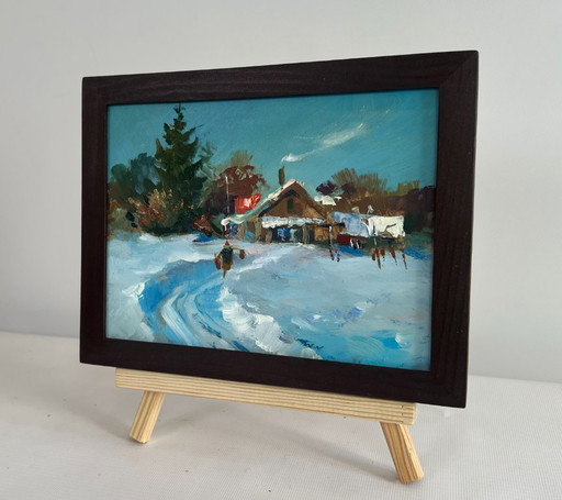 Original Oil Painting Winter House Landscape Winter path leading home