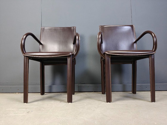 Image 1 of Pair of brown leather armchairs by Arper italy, 1980s