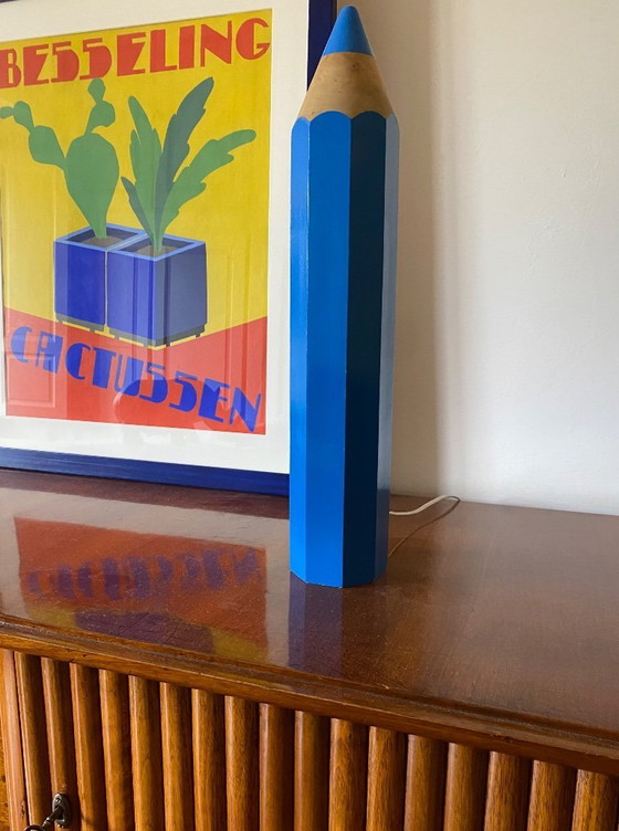 Image 1 of Michel Aroutcheff, postmodern blue Pencil table lamp, Ed. Vilac France 1980s