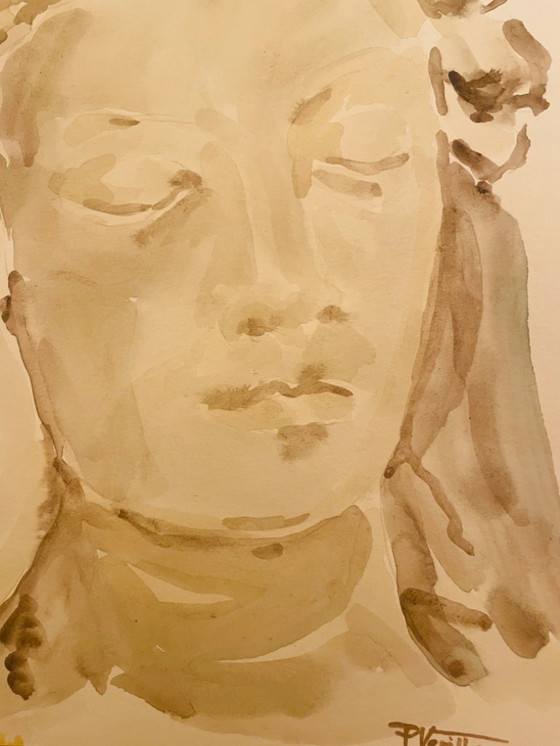 Image 1 of Retrato de una mujer en acuarela sepia monocromática, "pensamiento".