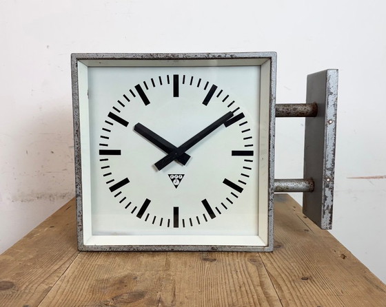 Image 1 of Industrial Square Double Sided Factory Wall Clock from Pragotron, 1970s