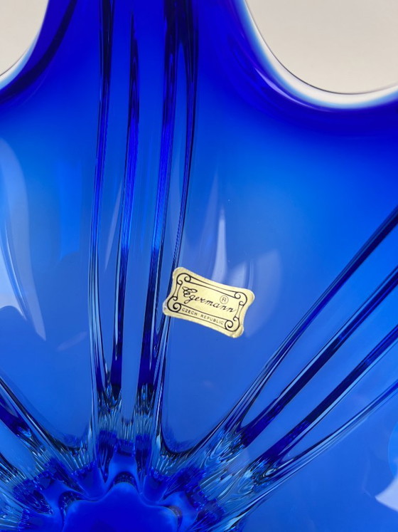 Image 1 of Egermann crystal glass bowl, blue, Bohemian, Czech, pointed bowl, mid-century