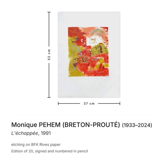 Monique Pehem (Breton-Prouté) Gravure Signée L'échappée 1991 – Lithographies et sérigraphies, Paper (photo 3 of 5)