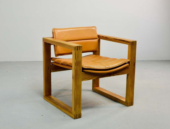 Image 1 of Brutalist Ate van Apeldoorn Dutch Design Cognac Leather Cubic Pinewood Side Chair for Houtwerk Hattem. The Netherlands, 1970s.