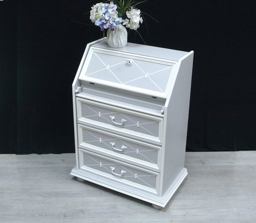 Petit secrétaire vintage style antique shabby gris clair + blanc, 3 tiroirs