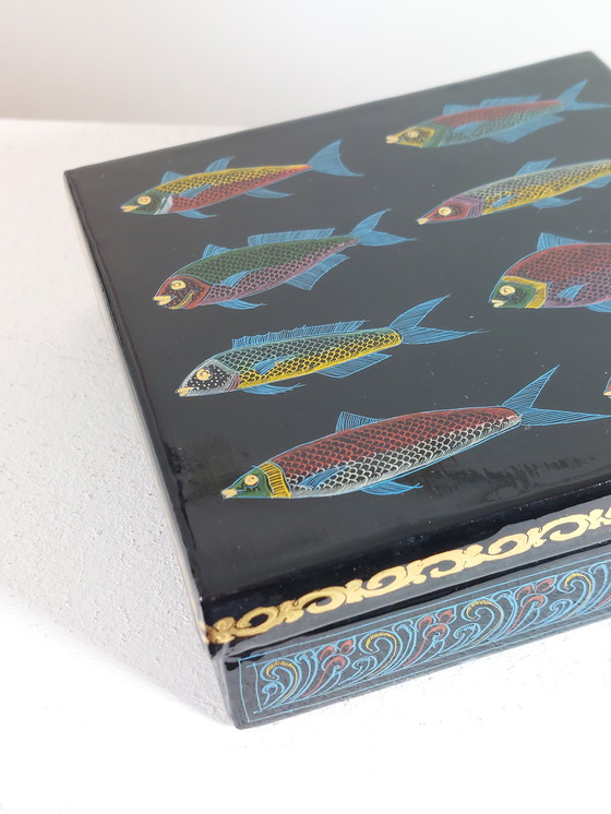 Image 1 of Scatola laccata vintage dipinta a mano di metà secolo, decoro Fosch