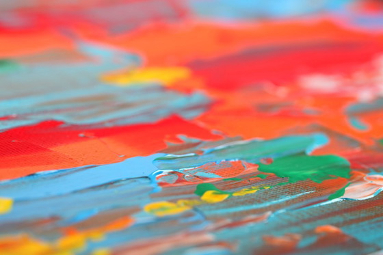 Image 1 of Abstract Red, Orange and Blue original painting on stretched canvas