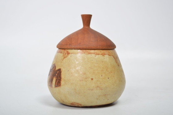 Image 1 of Pot à confiture Hannie Mein avec couvercle en teck / Céramique d'atelier néerlandaise / Vintage, années 1970-1980