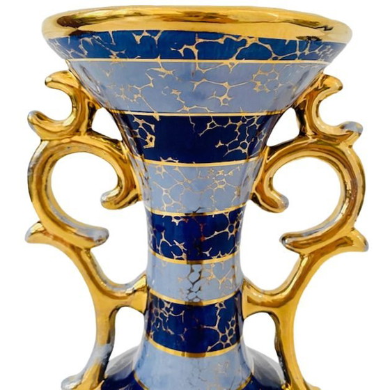 Image 1 of Mid-century Belgian vase blue gold Bequet baroque 1950s
