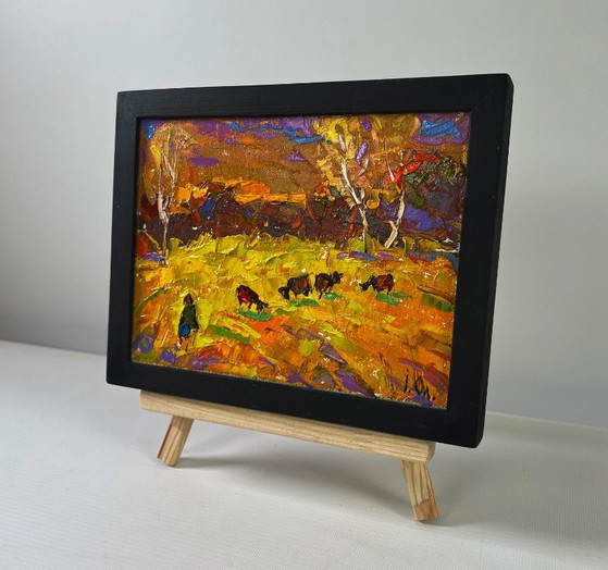 Image 1 of Original Oil Painting Evening Field Landscape Autumn and the last singing of birds