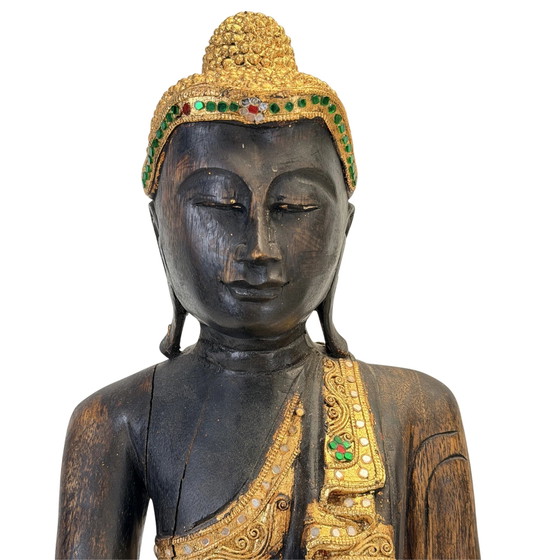 Antique Burmese Buddha with gilding and glass inlay – 50.5 cm – Sculpture, Wood (photo 2 of 11)