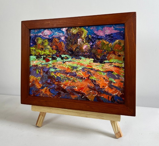 Image 1 of Original Oil Painting Sunset Field Landscape Autumn evening meadows