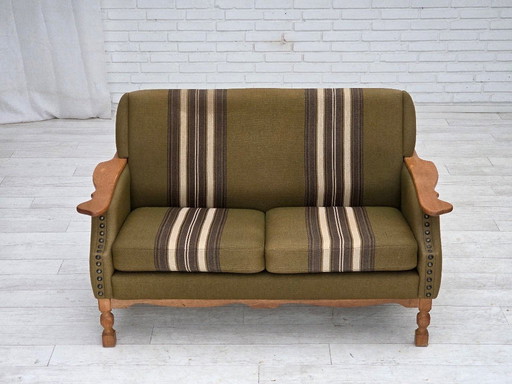1970s, Danish 2-seater sofa, green furniture wool, oak wood.