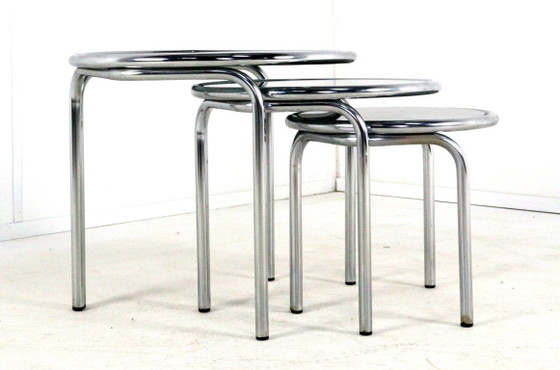 Image 1 of Italian round chrome nesting tables smoked glass vintage