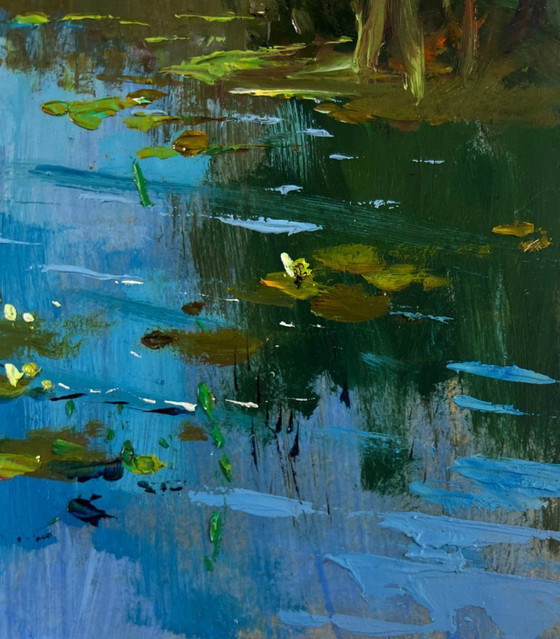 Image 1 of Original Oil Painting Summer River Landscape River carries a boat through silence