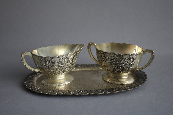 Image 1 of Decorative sugar and cream/milk set with tray, brand TK, silver-plated