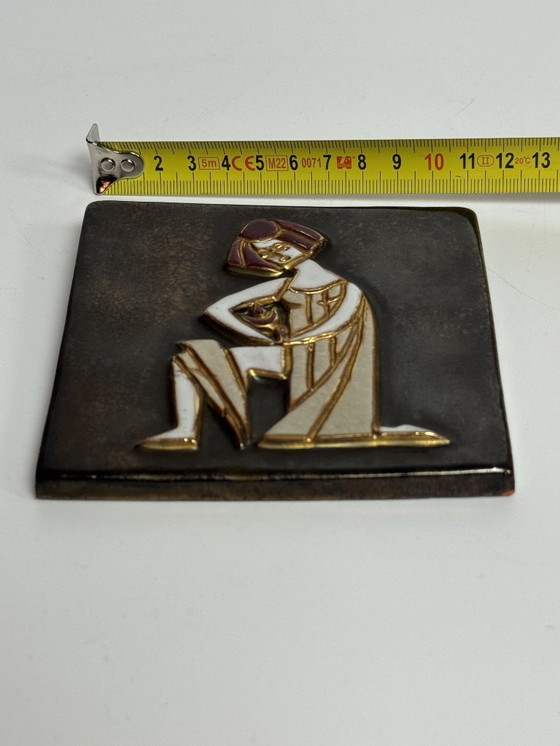 Image 1 of Small Square Ceramic Matte and High Gloss Glazed Tile with Greek Child, 1960s