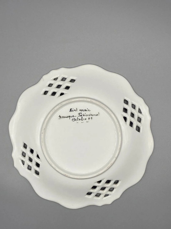 Pierced Porcelain Dessert Plate – Mushroom and Butterfly Design – Unique Hand-Painted Piece – Tarasque 1999 (photo 3 of 3)