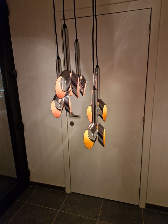 Massive Space Age cascade pendant lamp, chrome and orange, 5 light points, Metal, Silver (photo 5 of 15)