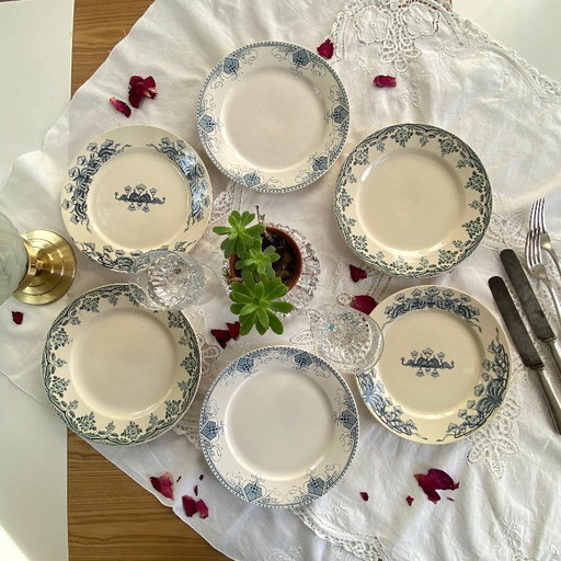 Set of 6 mismatched ironstone dinner plates, antique Sarreguemines earthenware, Choisy le Roi Boulanger