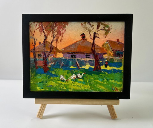 Original Oil Painting Rural Houses Landscape Village Morning – schilderijen tekeningen, Canvas