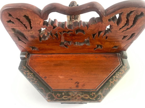 Image 1 of Antique 19th-C. Chinese Carved Wood Tea Caddy – Phoenix & Dragon Motifs 
