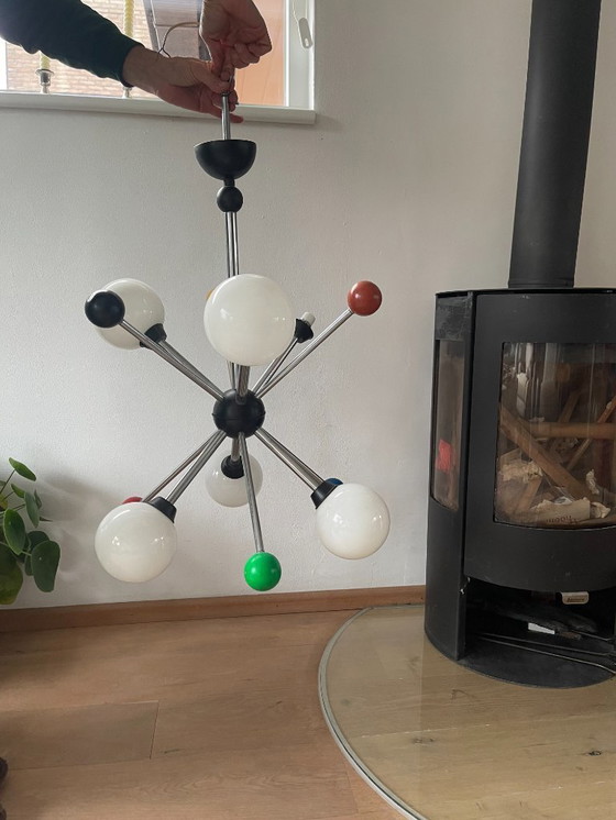 Image 1 of Plafonnier vintage à 6 lumières et détails en bois