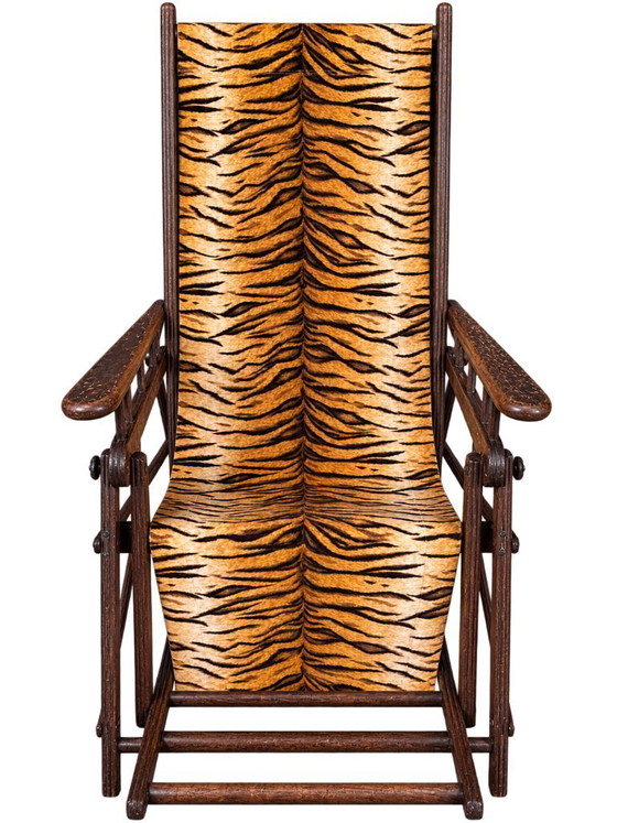Wooden Folding Chair with Tiger Print, Textile, Black, Vintage (photo 5 of 5)