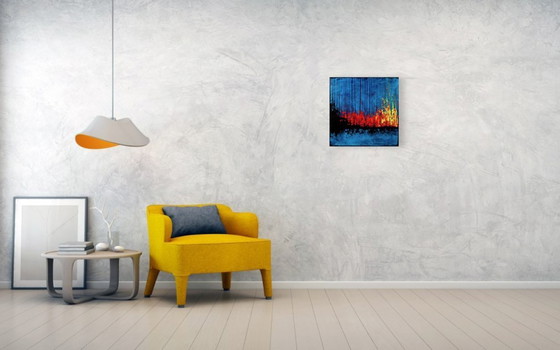 Image 1 of Contemporary abstract artwork in blue, red,black, yelow on stretched canvas