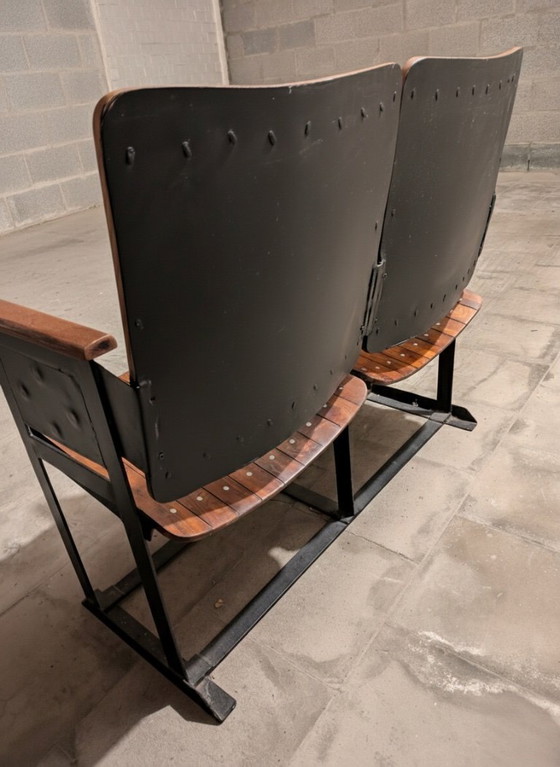 Image 1 of Banquette Vintage Chaise Double / Pair Of Wooden Joined & Fixed Theatre / Cinema Seats On Black Metal Frame