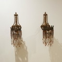 PAIR OF ART NOUVEAU BRASS LAMPS / WALL SCONCES WITH BEADS
