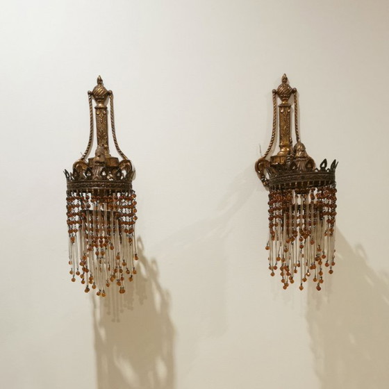 Image 1 of PAIR OF ART NOUVEAU BRASS LAMPS / WALL SCONCES WITH BEADS