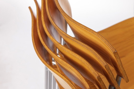 Image 1 of Set of 6 Lammhults Campus Stacking Chairs, Swedish Mid Century Chairs 1970s, Metal & Beech Plywood Dining Chairs