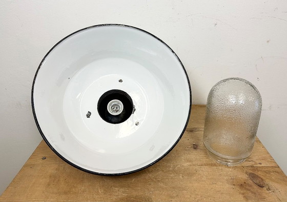 Image 1 of White Enamel and Cast Iron Industrial Pendant Light with Glass Cover, 1960s