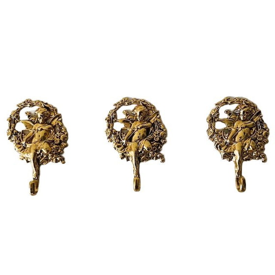Image 1 of Vintage set of mid-century Italian hooks, baroque brass angel door hanger, 1960s