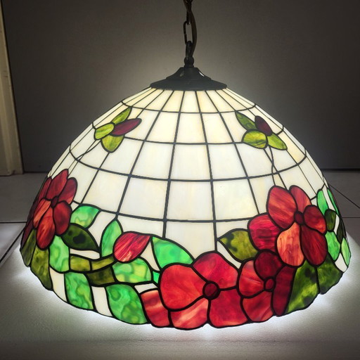 Large vintage Tiffany-style pendant light in colored glass