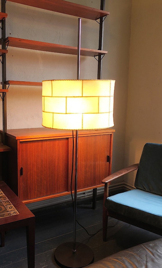 Image 1 of Cocoon vloerlamp met patchwork kap en met leer beklede voet, jaren 60