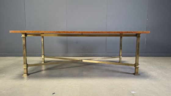 Image 1 of Table de salle à manger vintage en loupe de bois et laiton, signée Belgochrom, années 1970