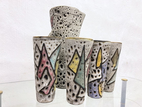 Image 1 of French studio ceramics from Vallauris 1 jug + 4 mugs by Marius Bessone